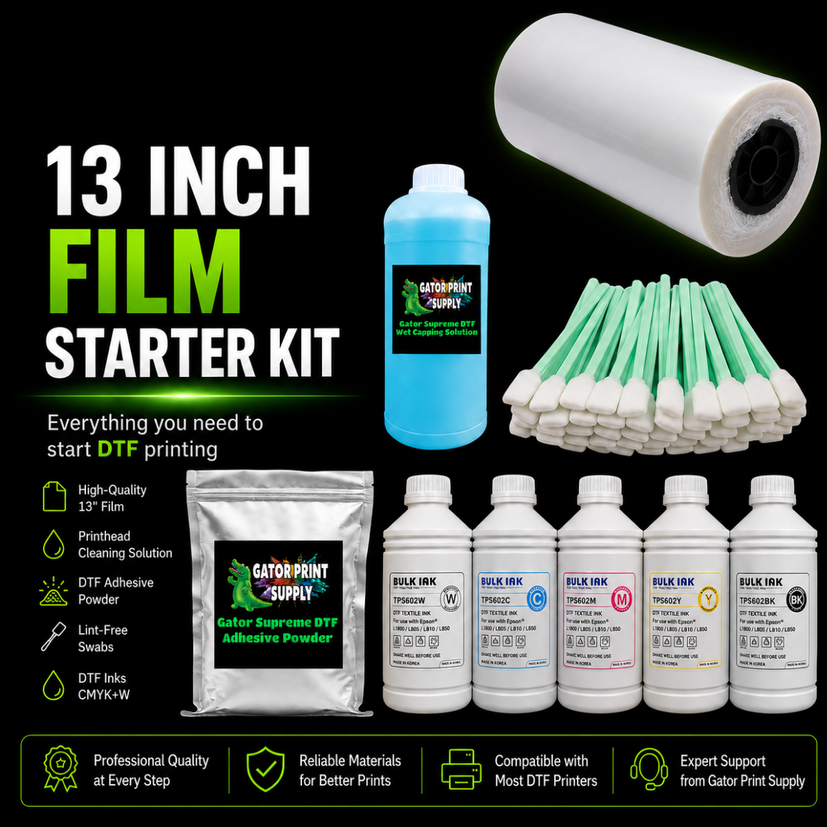 Gator Print Supply 13-inch DTF printing starter kit on a black background, including a roll of transfer film, blue cleaning solution, cotton swabs, adhesive powder pouch, and five ink bottles labeled cyan Ink, magenta Ink, yellow Ink, white Ink, and black Ink.
