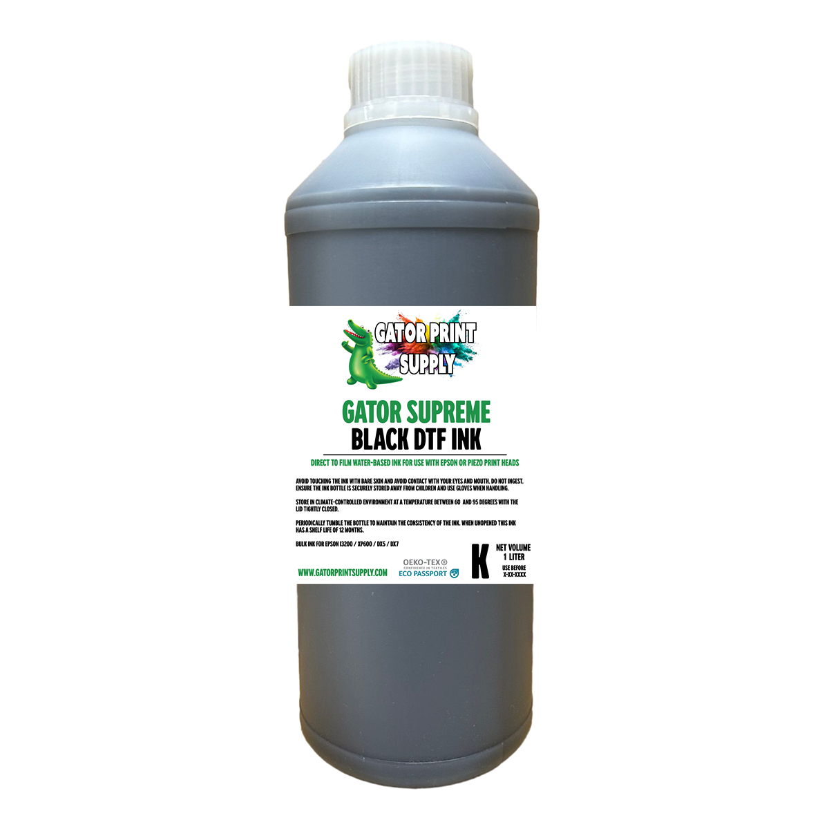 Gator Supreme black DTF apparel transfer printing ink bottle on a white background