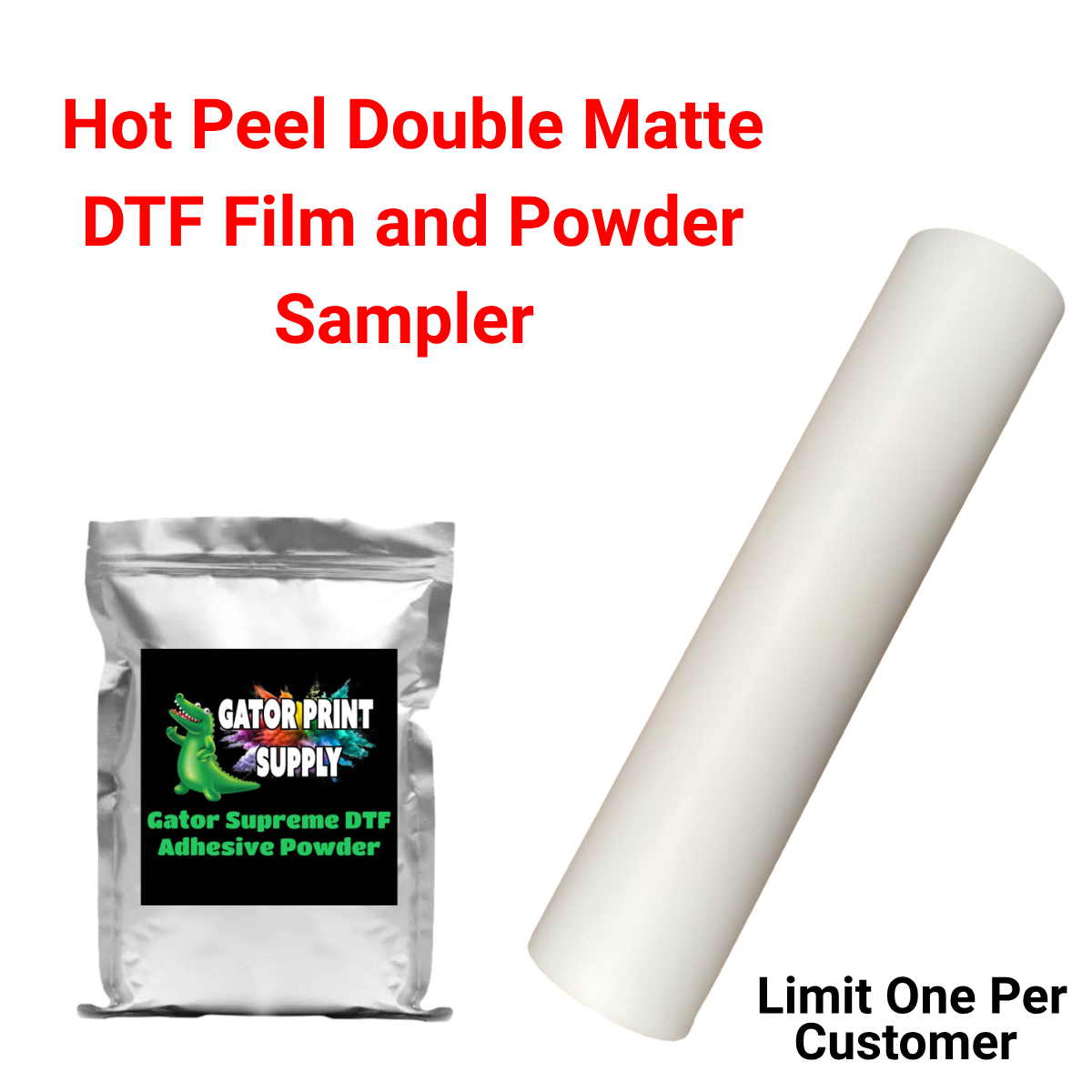 Hot Peel Double Matte DTF Film and Powder Sample with Gator Print Supply packaging on a white background.