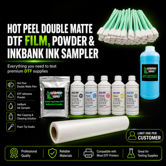 Product graphic for a DTF printing sample kit. The image shows a roll of double matte film, a bag of DTF adhesive powder, bottles of cyan, magenta, yellow, and black ink. A bottle of print head cleaner, a bundle of green-and-white foam swabs, and a large text banner reading HOT PEEL DOUBLE MATTE DTF FILM, POWDER & INKBANK INK SAMPLER