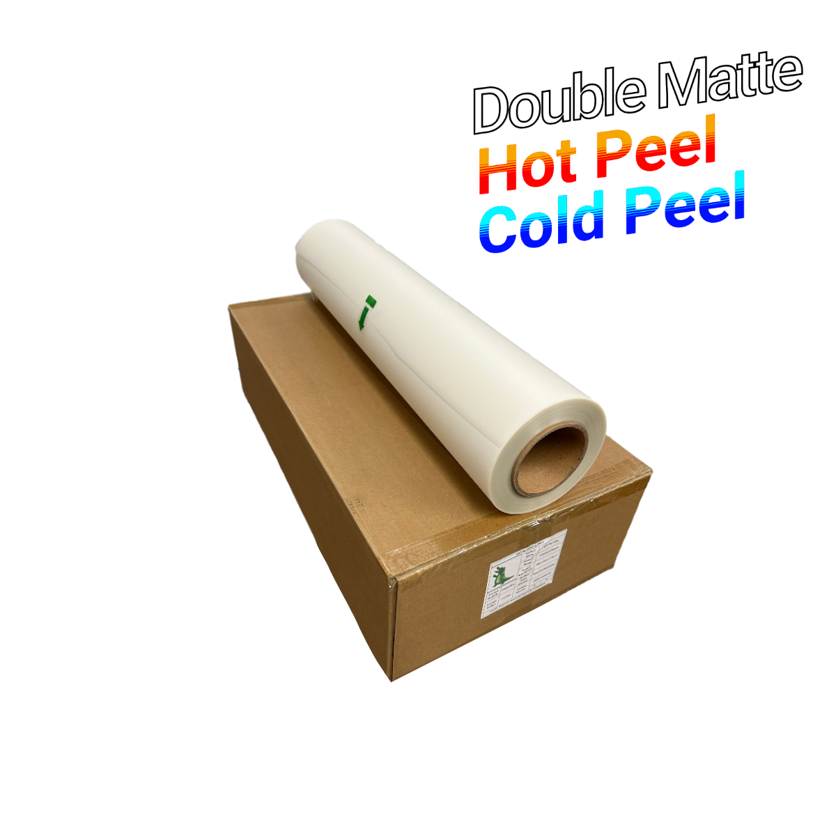 direct to film hot peel double matte DTF transfer film roll on shipping box with peeling instructions