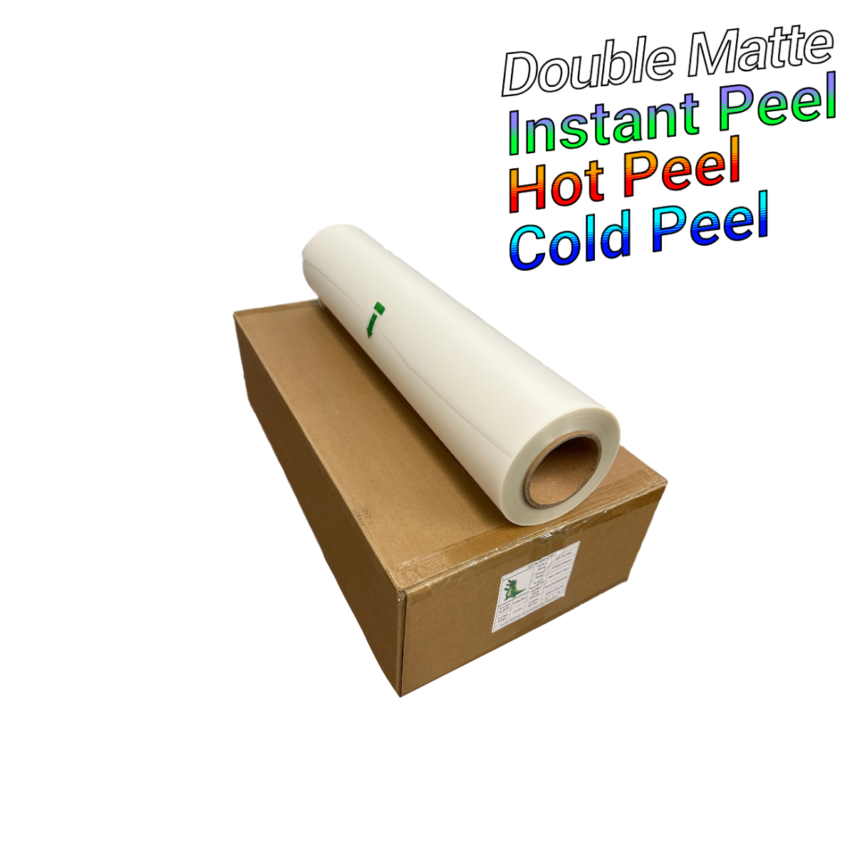 direct to film  instant peel double matte DTF transfer film roll on shipping box with peeling instructions