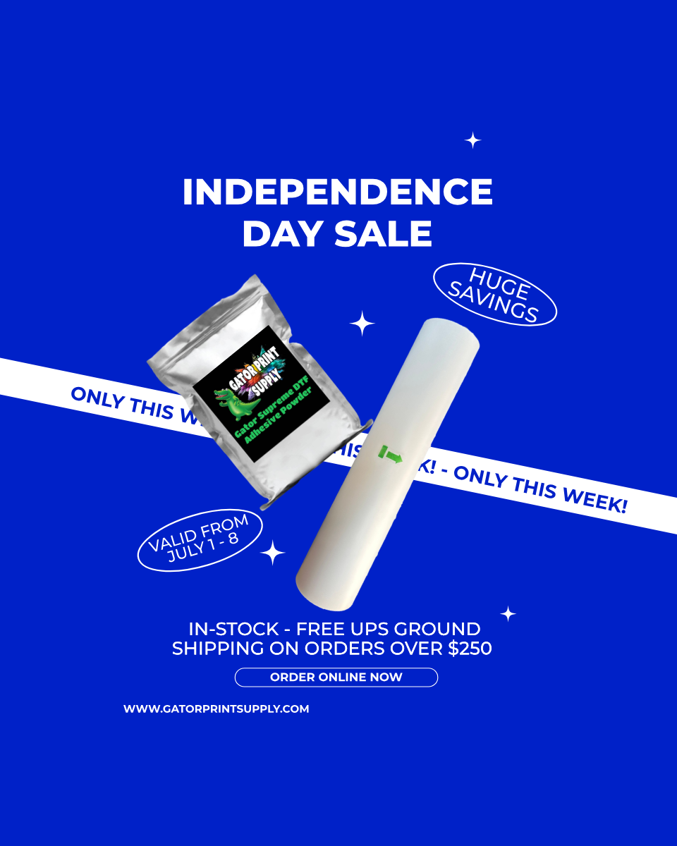 Promotional graphic for an Independence Day Sale featuring a bag of DTF powder and a roll of DTF film on a solid blue background with white text and decorative stars.