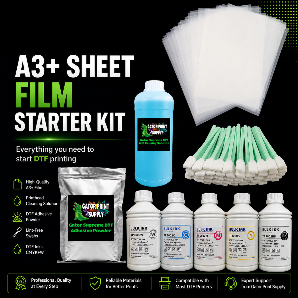 Gator Print Supply A3+ Film Starter Kit featuring a bottle of blue print head cleaner, a silver bag of adhesive powder, five bottles of ink (black, cyan, magenta, yellow, white), a stack of clear plastic film sheets, a bundle of white and green swabs, all arranged on a black background with green and white text.