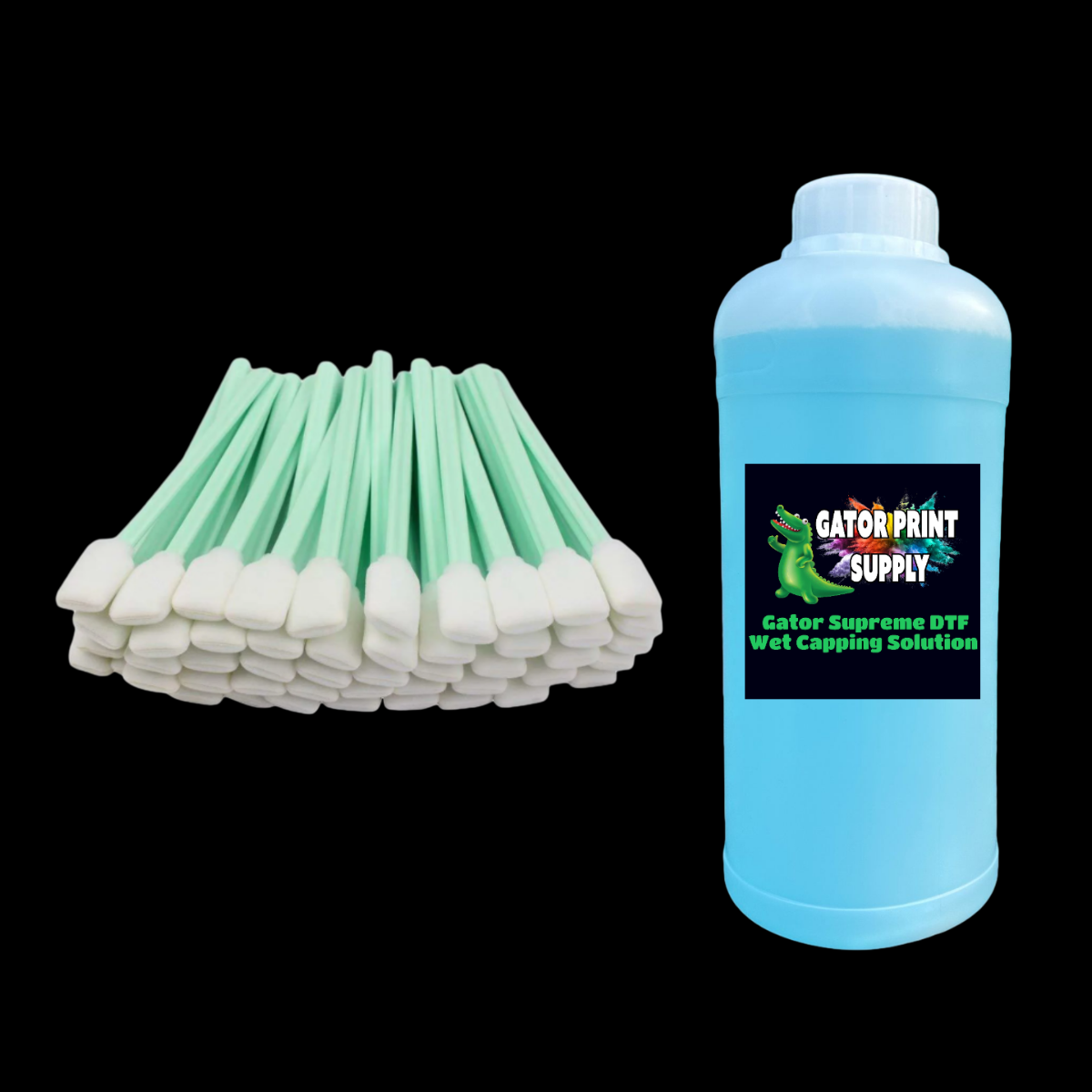 A bottle of Gator Print Supply Gator Supreme DTF Wet Capping Solution next to a fan of  green and white wet capping swabs, isolated on a solid black background