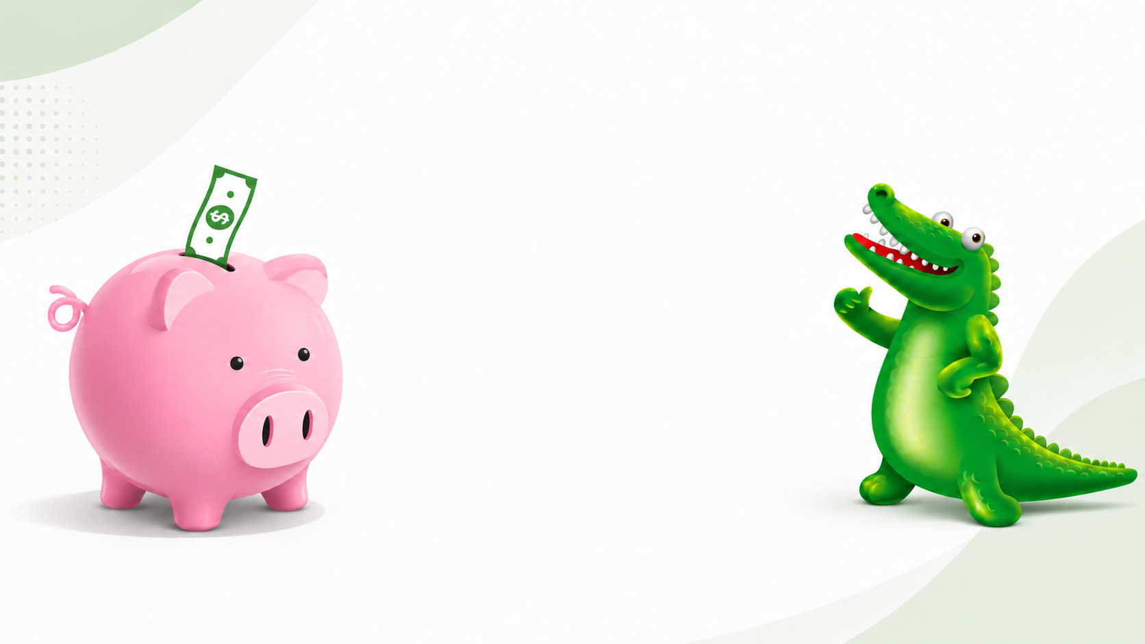 A pink piggy bank with a green dollar bill sticking out of its nose and a green cartoon alligator toy standing on the right, set against a clean white background with soft green abstract shapes. For monetary savings on DTF printing consumables.