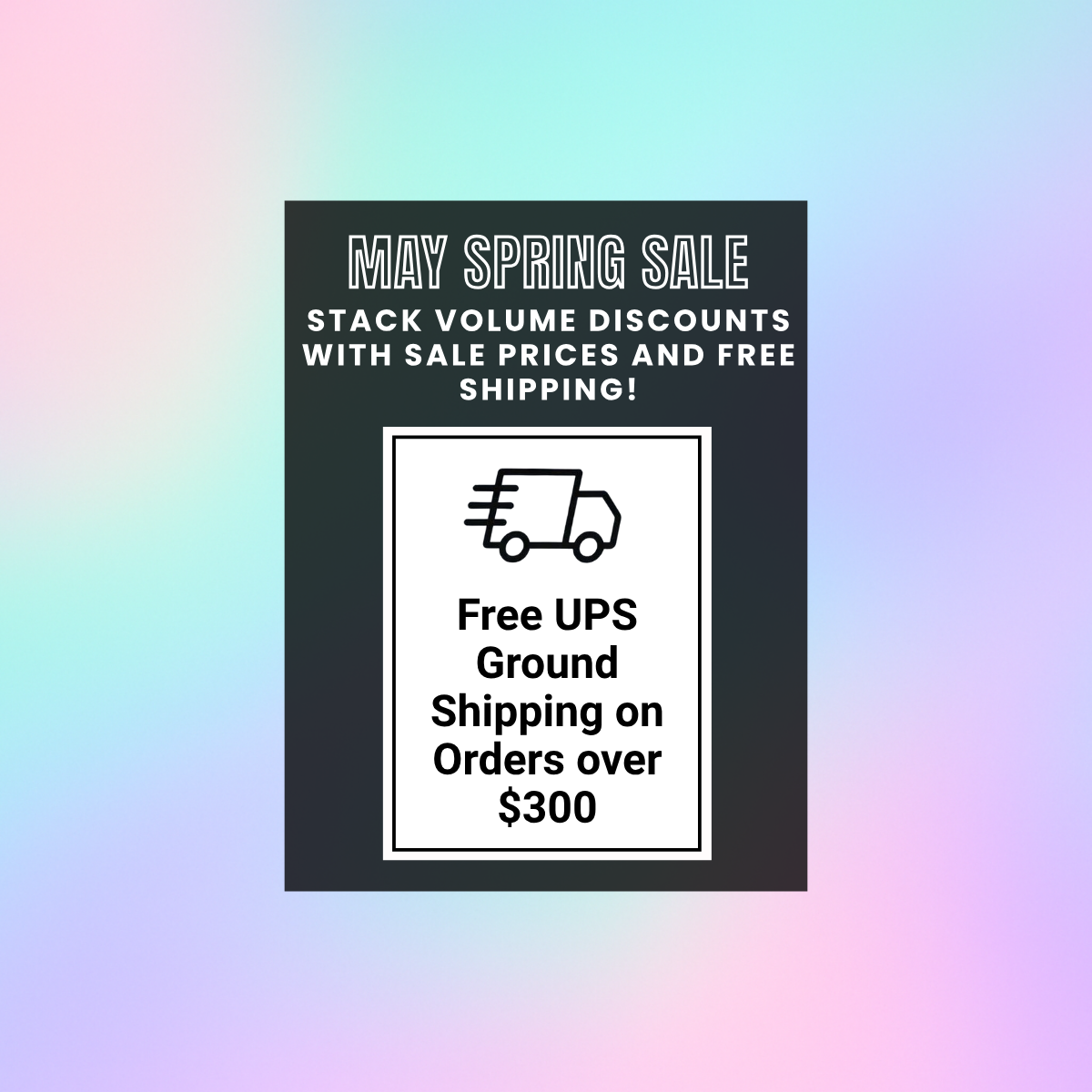Promotional text for a DTF Printing Supplies May Spring Sale with volume discounts, free shipping, and UPS Ground service on a gradient background.