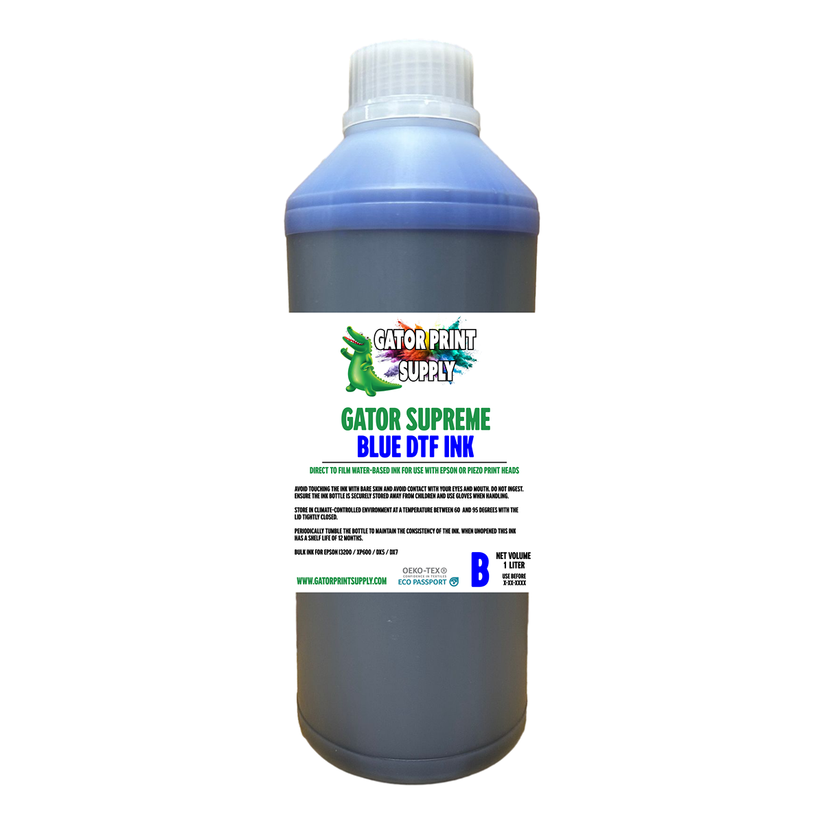 Gator Supreme blue DTF apparel transfer printing ink bottle on a white background