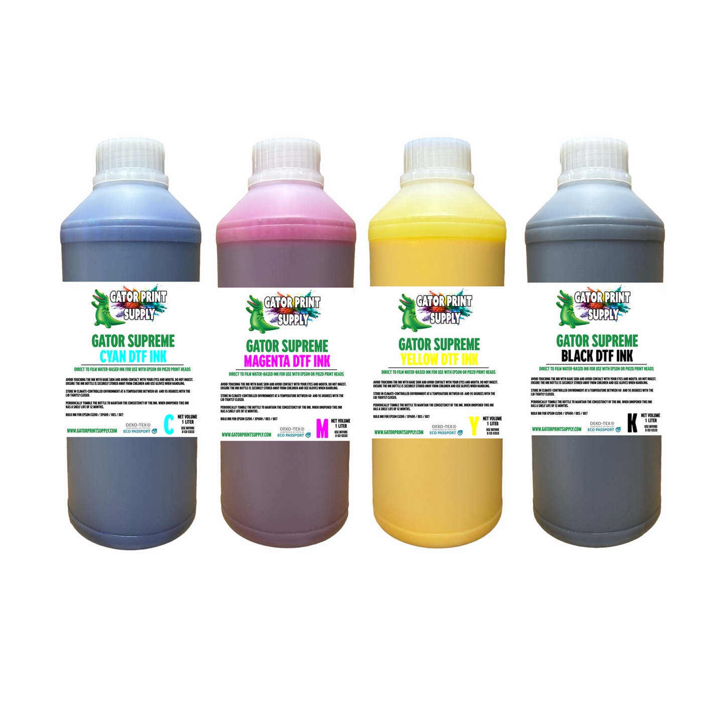Four bottles of Gator Supreme dtf apparel transfer printing ink in cyan, magenta, yellow, and black on a white background.