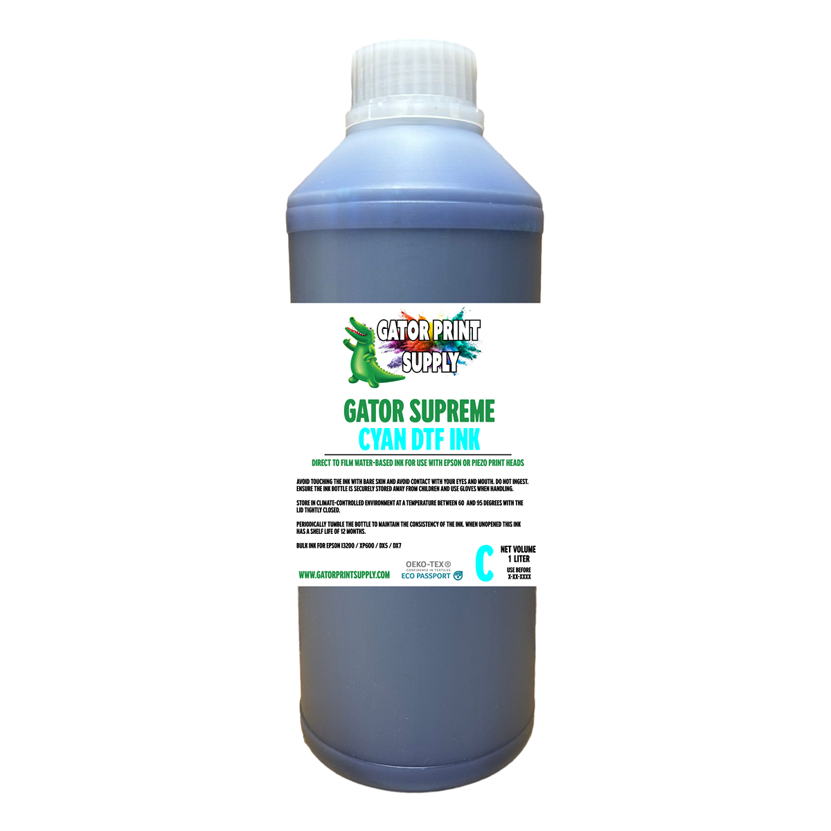 Gator Supreme Cyan DTF apparel transfer printing ink bottle on a white background