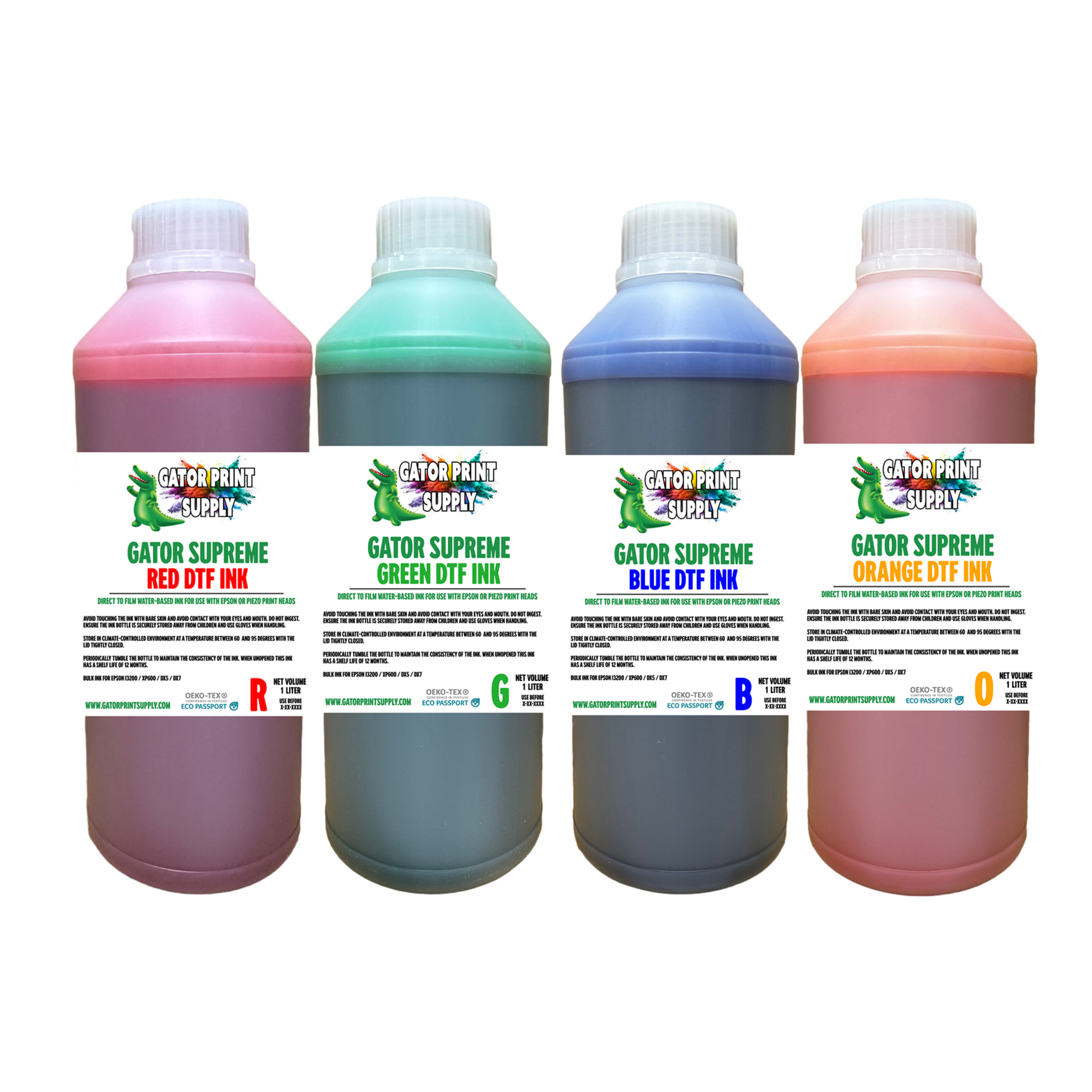 Four bottles of Gator Supreme dtf apparel transfer printing ink in red, green, blue, and orange on a white background.