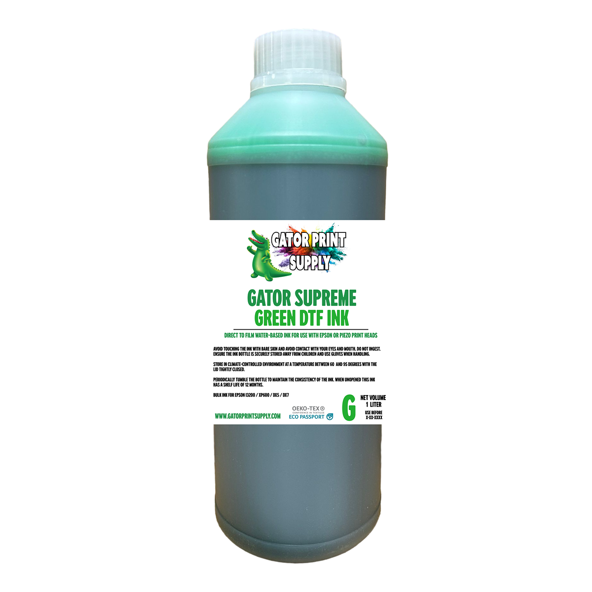 Gator Supreme green DTF apparel transfer printing ink bottle on a white background