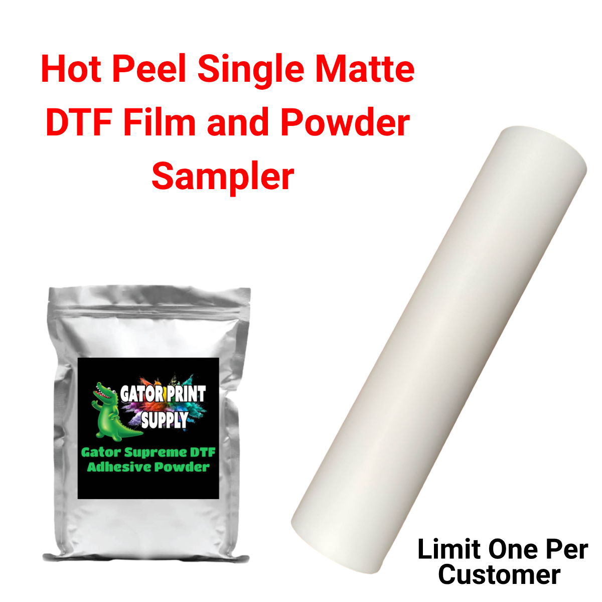 Hot peel single matte DTF film and powder sample with Gator Print Supply packaging on a white background.