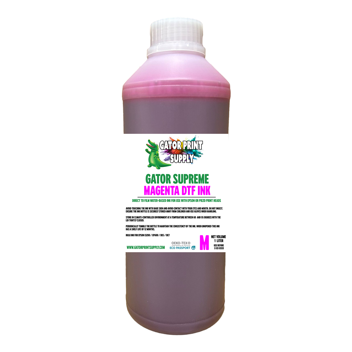 Gator Supreme magenta DTF apparel transfer printing ink bottle on a white background