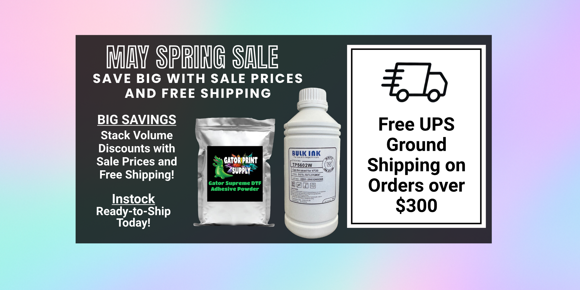 Promotional banner for a Direct to film printing supply May Spring Sale with InkBank DTF ink and DTF powder