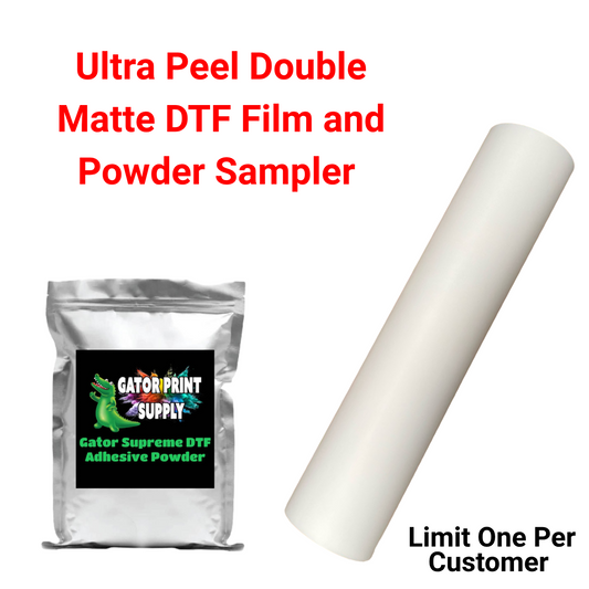 Ultra Peel Double Matte DTF Film and Powder Sample with Gator Print Supply packaging on a white background.