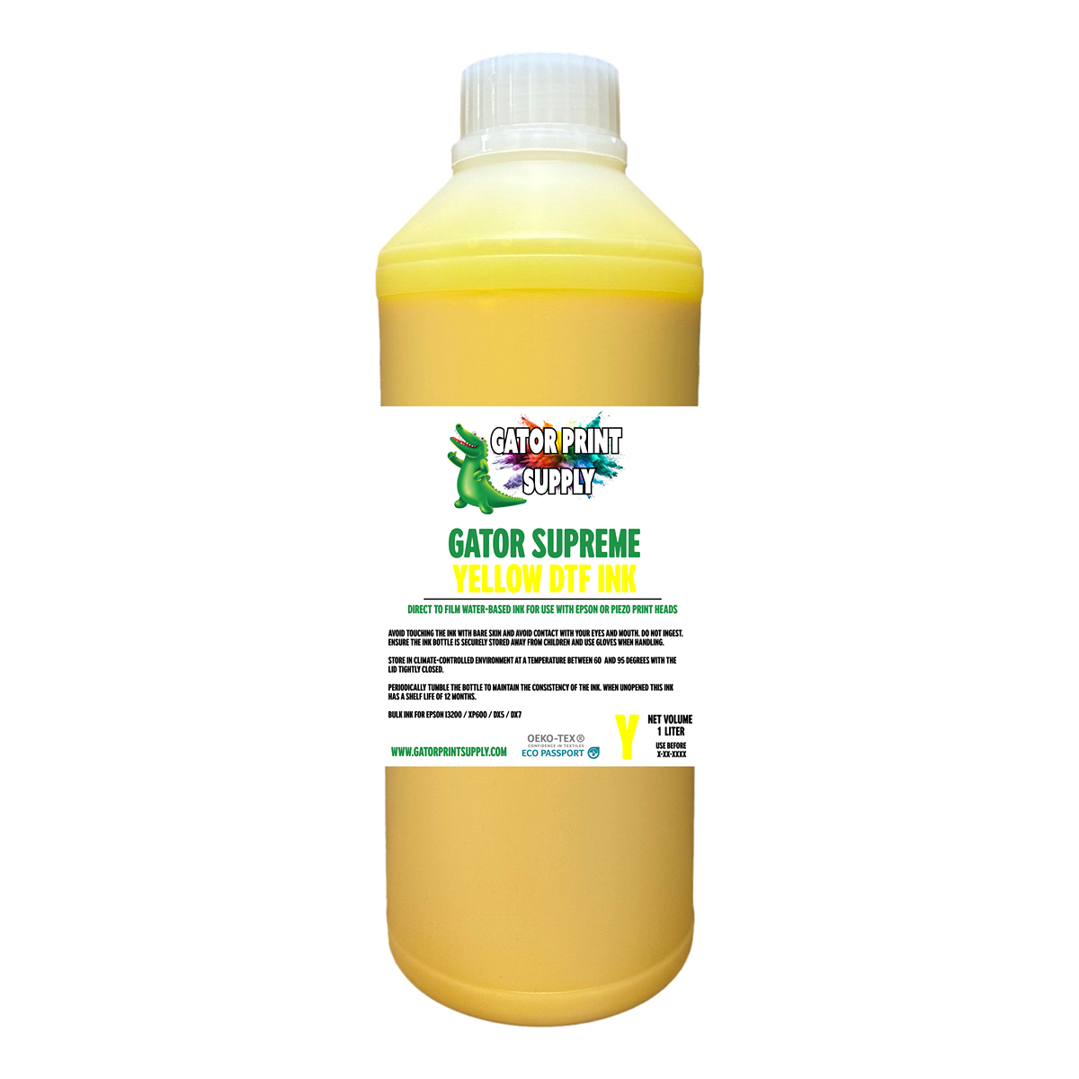 Gator Supreme yellow DTF apparel transfer printing ink bottle on a white background